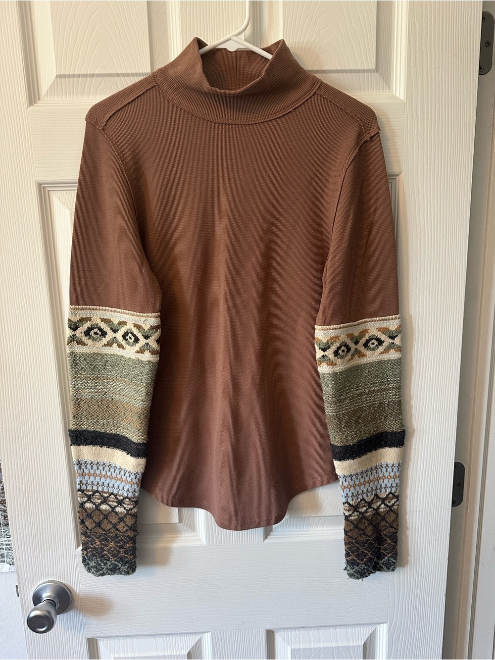 We The Free Brown Turtleneck Sweater with Patterned Sleeves